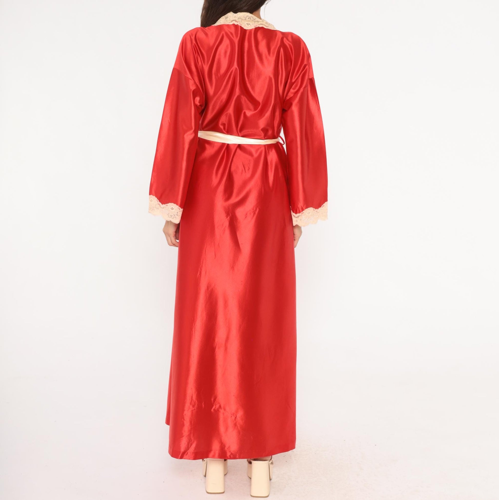 70s Tom Bezduda Barad Red Satin Robe Lace Trim Maxi Tie Front Medium