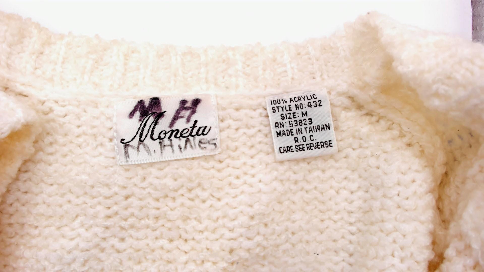 80s Moneta Cream Knit Sweater Vest Patch Pocket Cardigan Small
