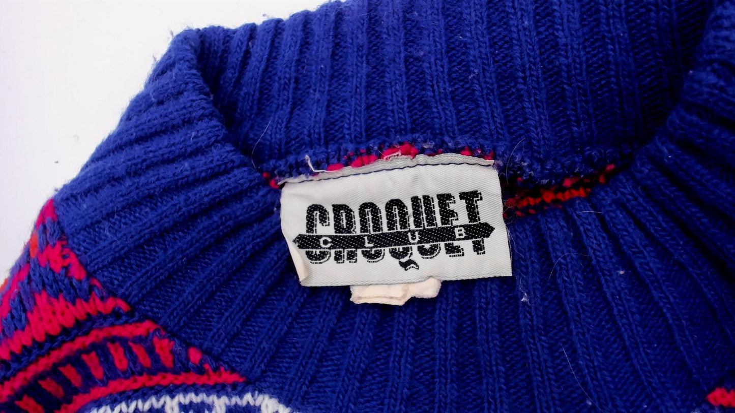 90s Croquet Southwestern Geometric Knit Pullover Navy Blue Pink Medium M