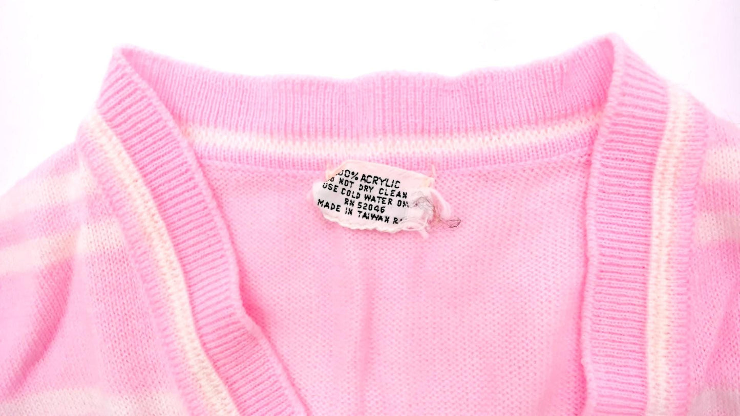 70s Pink White Striped Sweater Vest V Neck Sleeveless Knit Small