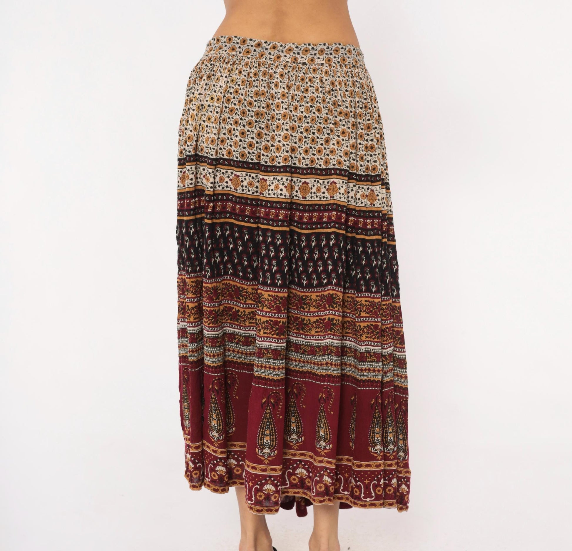 90s Sag Harbor Indian Block Print Maxi Skirt Burgundy Paisley Drawstring Large L