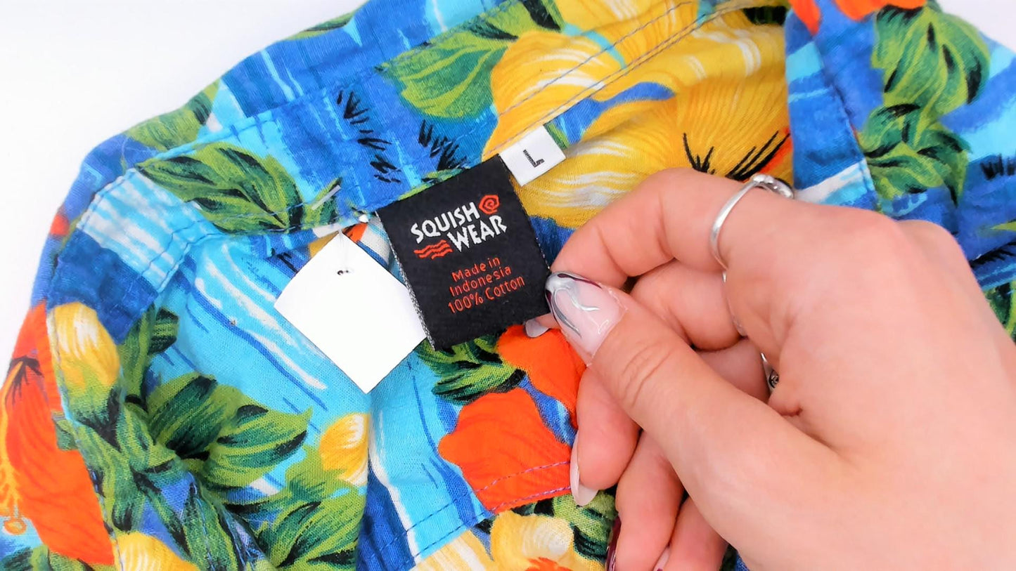 2000s Squish Wear Hawaiian Camp Collar Shirt Tropical Hibiscus Cotton Large L