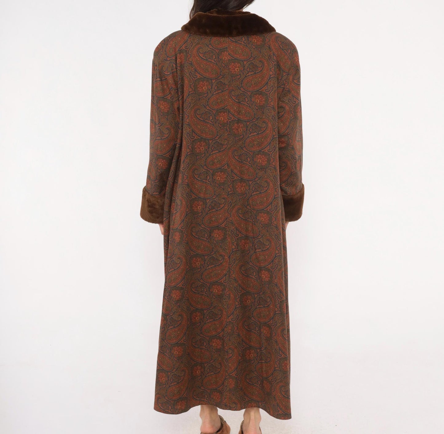 1970s Bill Blass Paisley Wool Maxi Coat Fur Collar Brown Olive Medium M