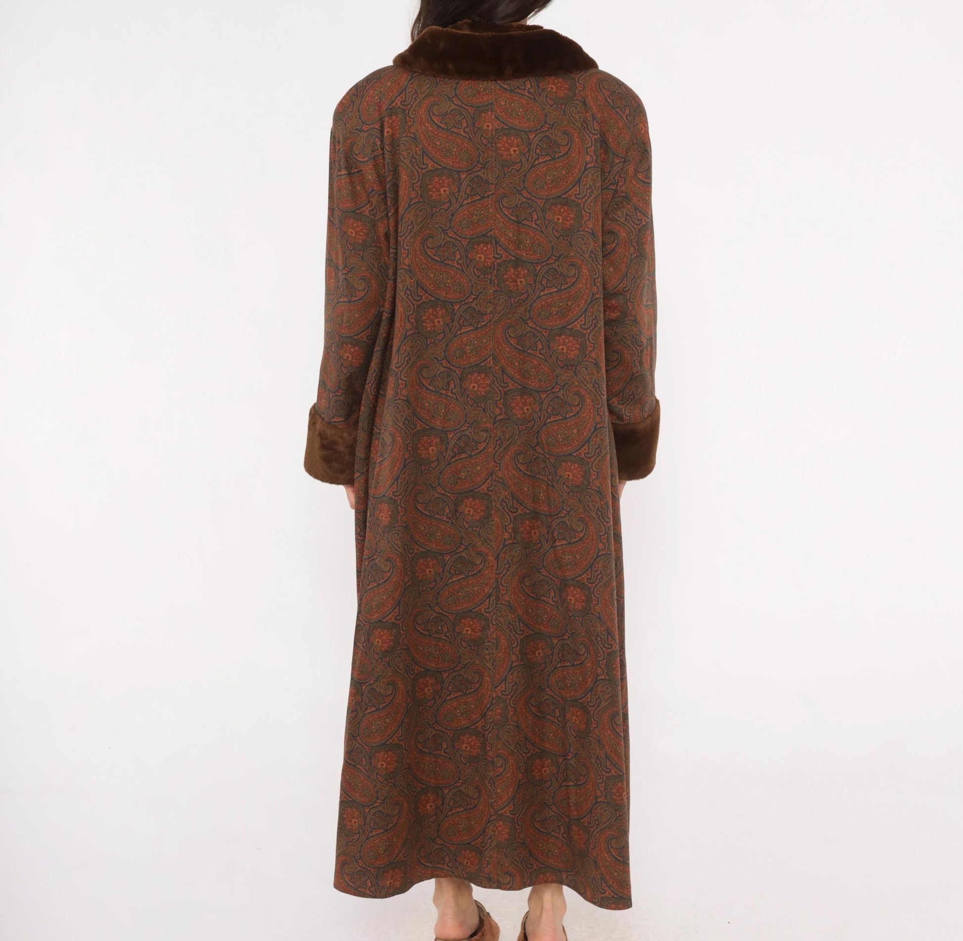 1970s Bill Blass Paisley Wool Maxi Coat Fur Collar Brown Olive Medium M