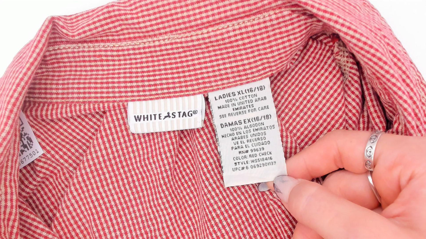 90s White Stag Gingham Shirtdress Red Cream Check Cotton Maxi Extra Large