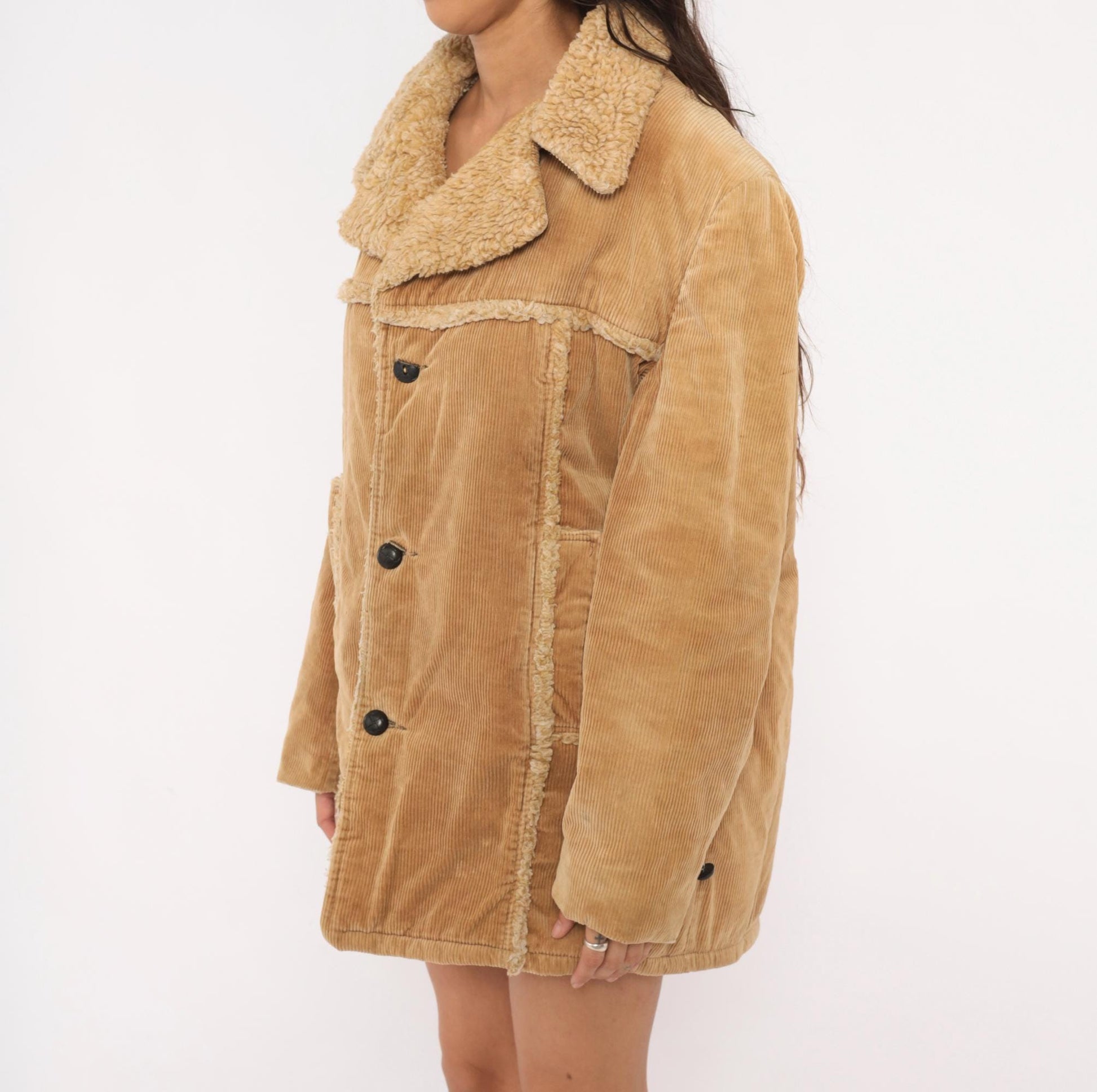 70s JCPenney Tan Corduroy Sherpa Coat Button Front Jacket Medium M