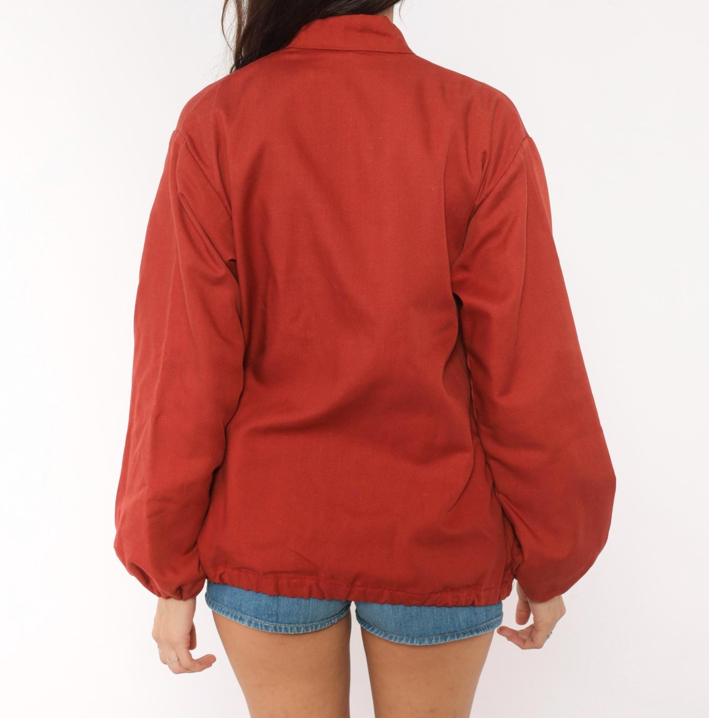 70s Rust Bomber Jacket Cotton Plaid Lined Stand Collar Zip Front Medium