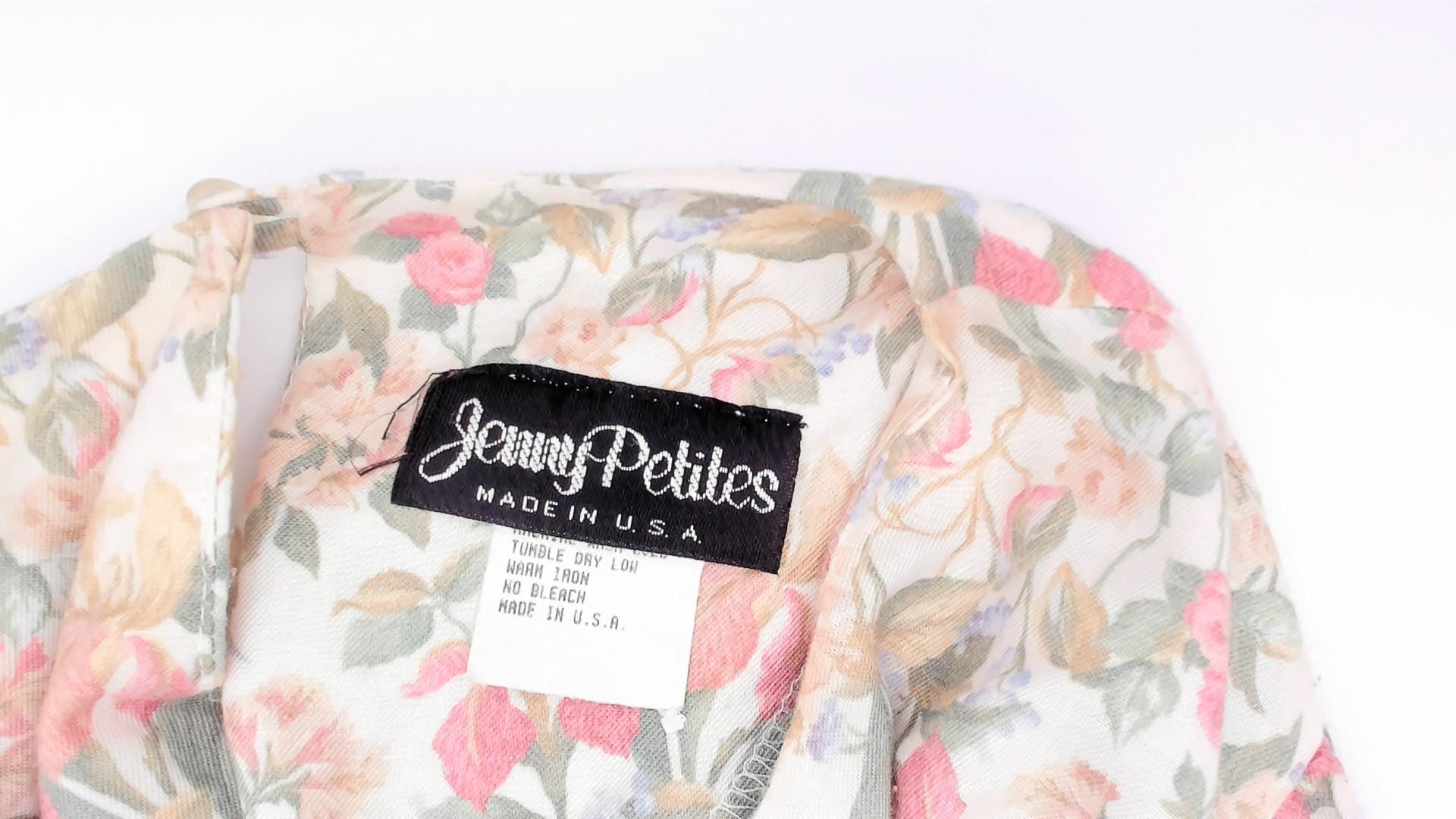 80s Jenny Petites Floral Puff Sleeve Dress Cream Pink Sage Small