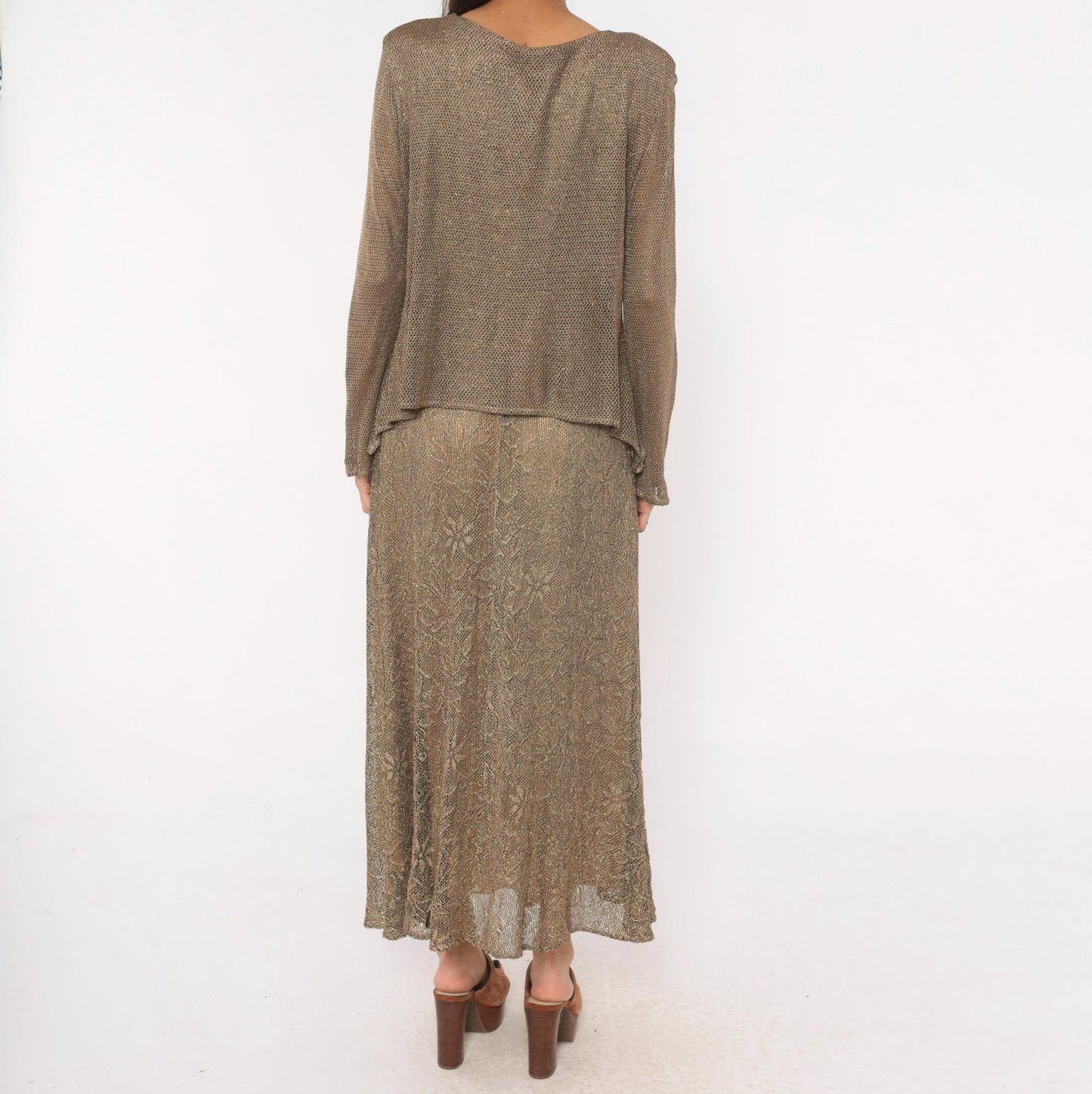 90s Onyx Nite Bronze Metallic Floral Lace Maxi Dress Long Sleeve Large L