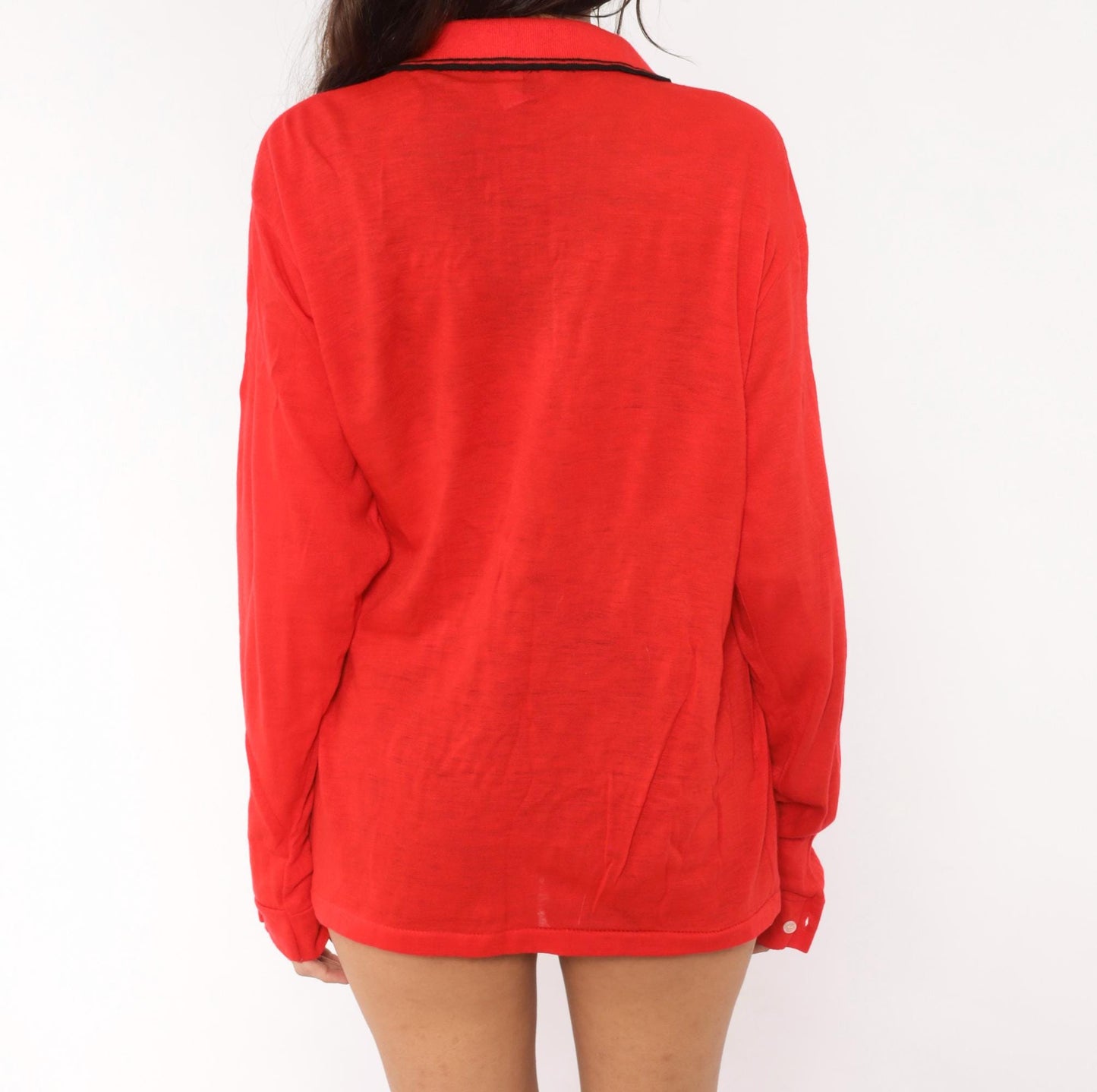 70s Red Polo Shirt Long Sleeve Black Tipped Collar Snap Button Knit Large L