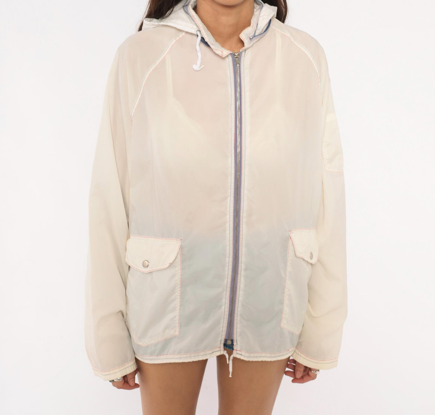 80s White Nylon Windbreaker Hooded Zip Jacket Colour Block Medium