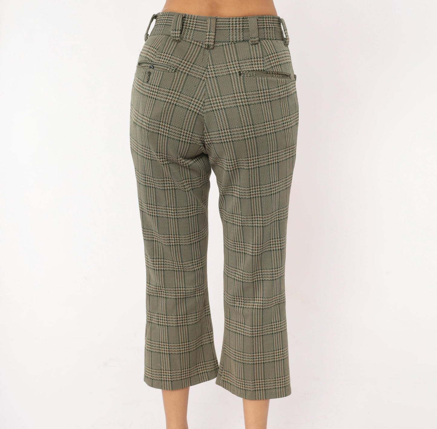 70s Chess Man Glen Plaid Cropped Flare Trousers Olive Tan Extra Small XS