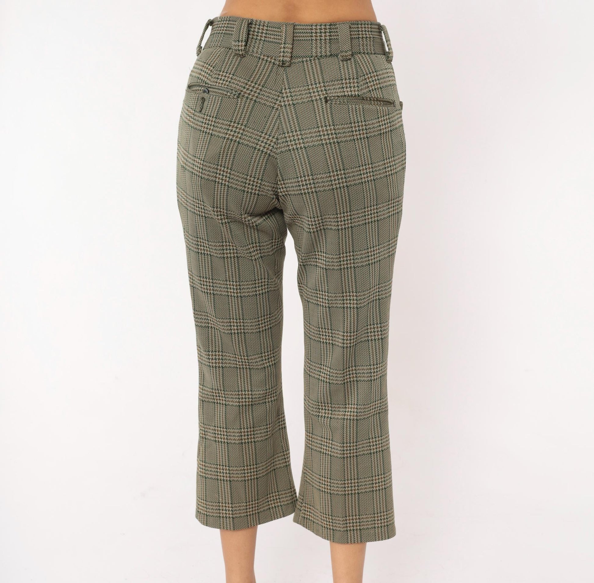 70s Chess Man Glen Plaid Cropped Flare Trousers Olive Tan Extra Small XS