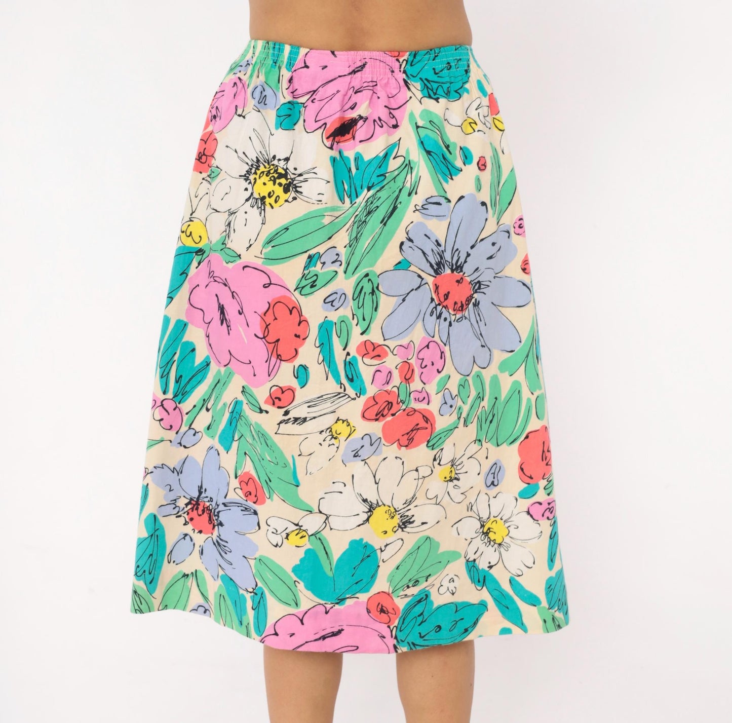 90s Floral Button Front Midi Skirt Cream Watercolor Cotton Small