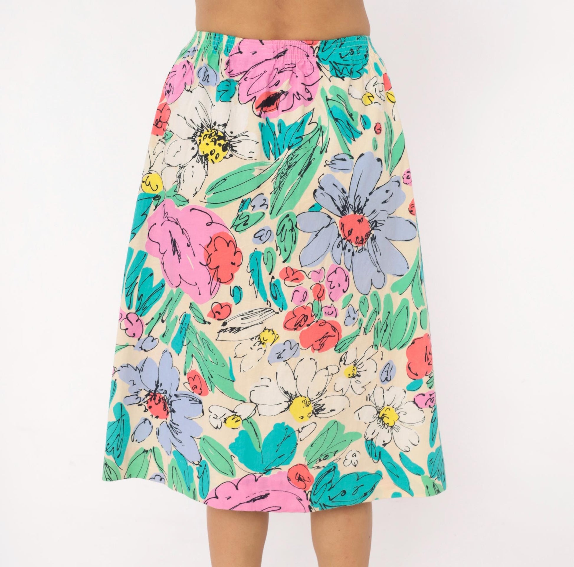 90s Floral Button Front Midi Skirt Cream Watercolor Cotton Small