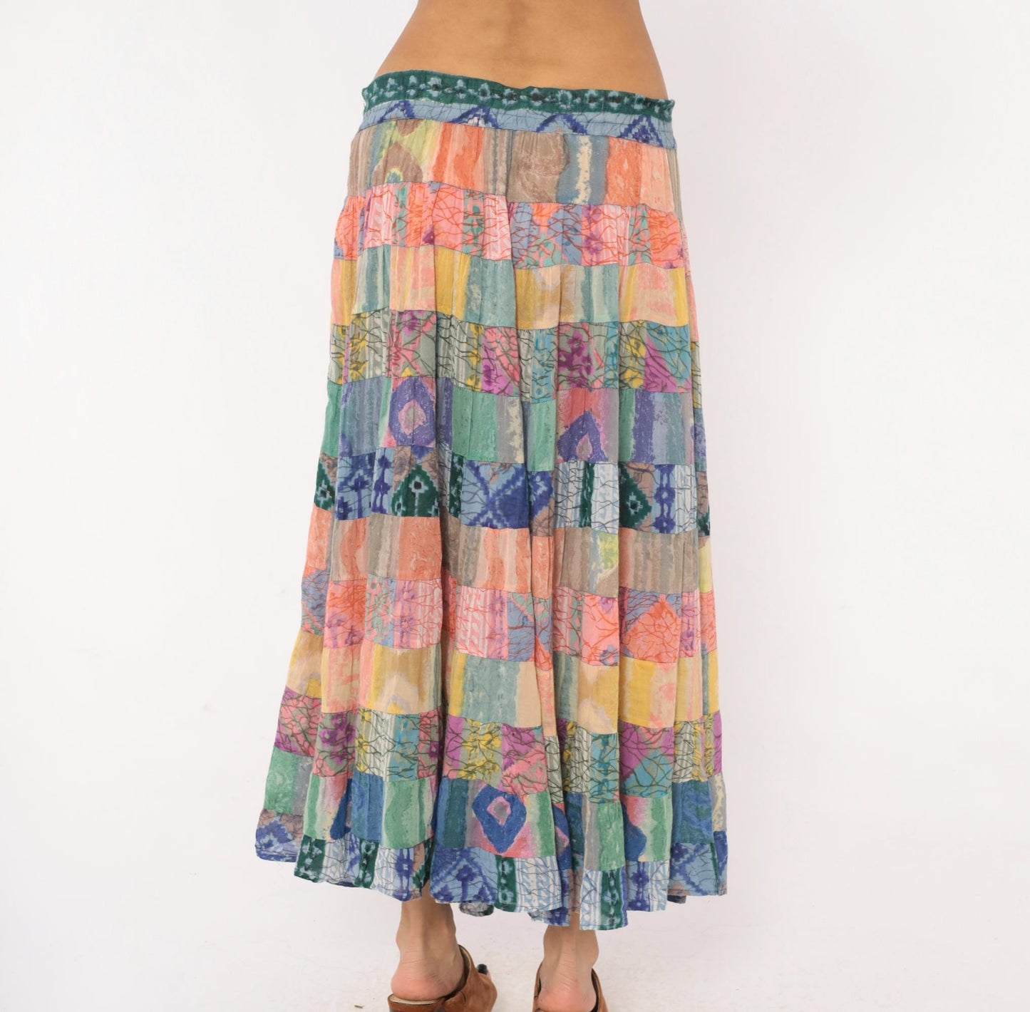 90s Bila California Patchwork Batik Maxi Skirt Tiered Gauze Large