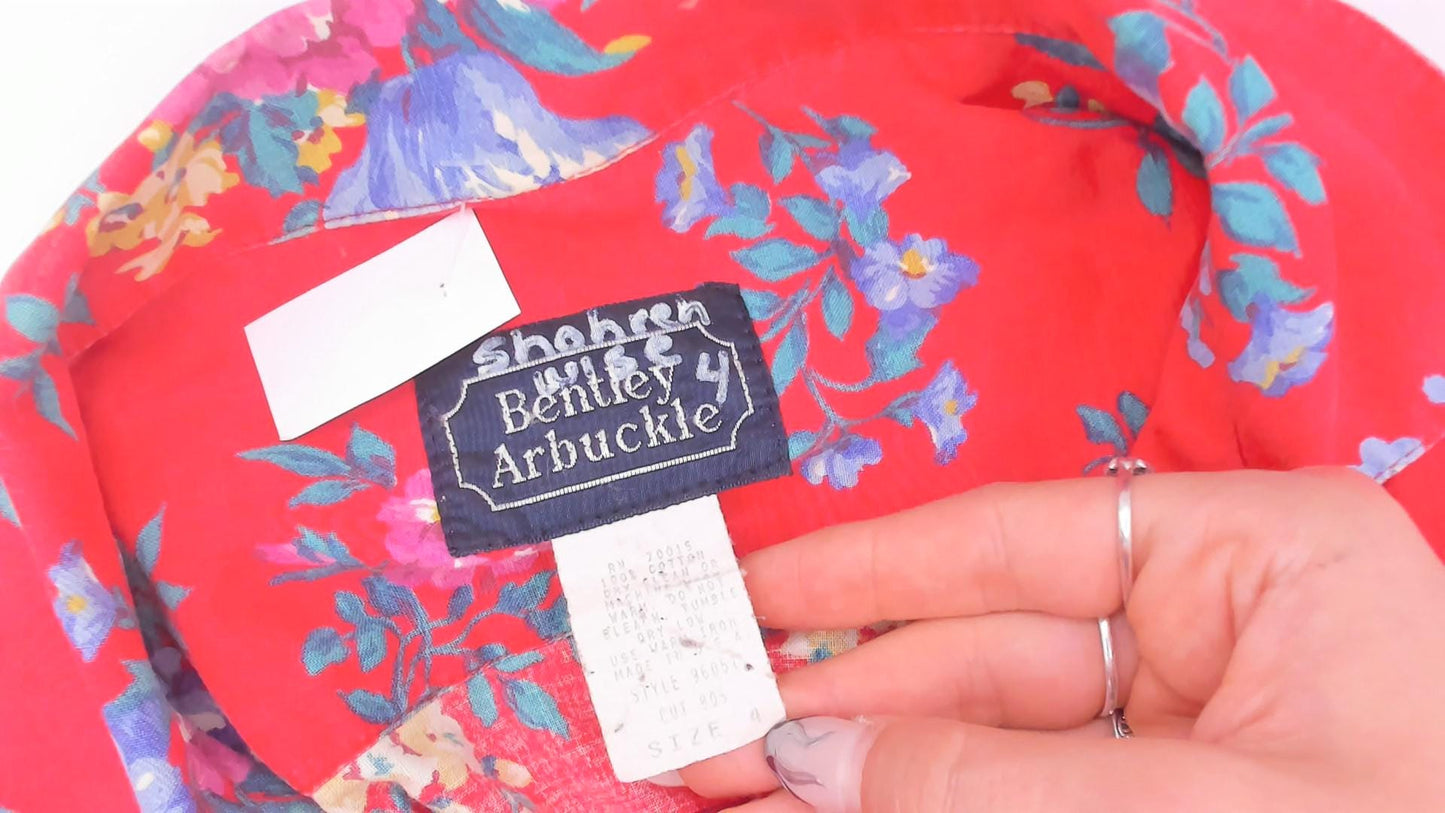 90s Bentley Arbuckle Floral Button-Up Camp Shirt Red Cotton Small