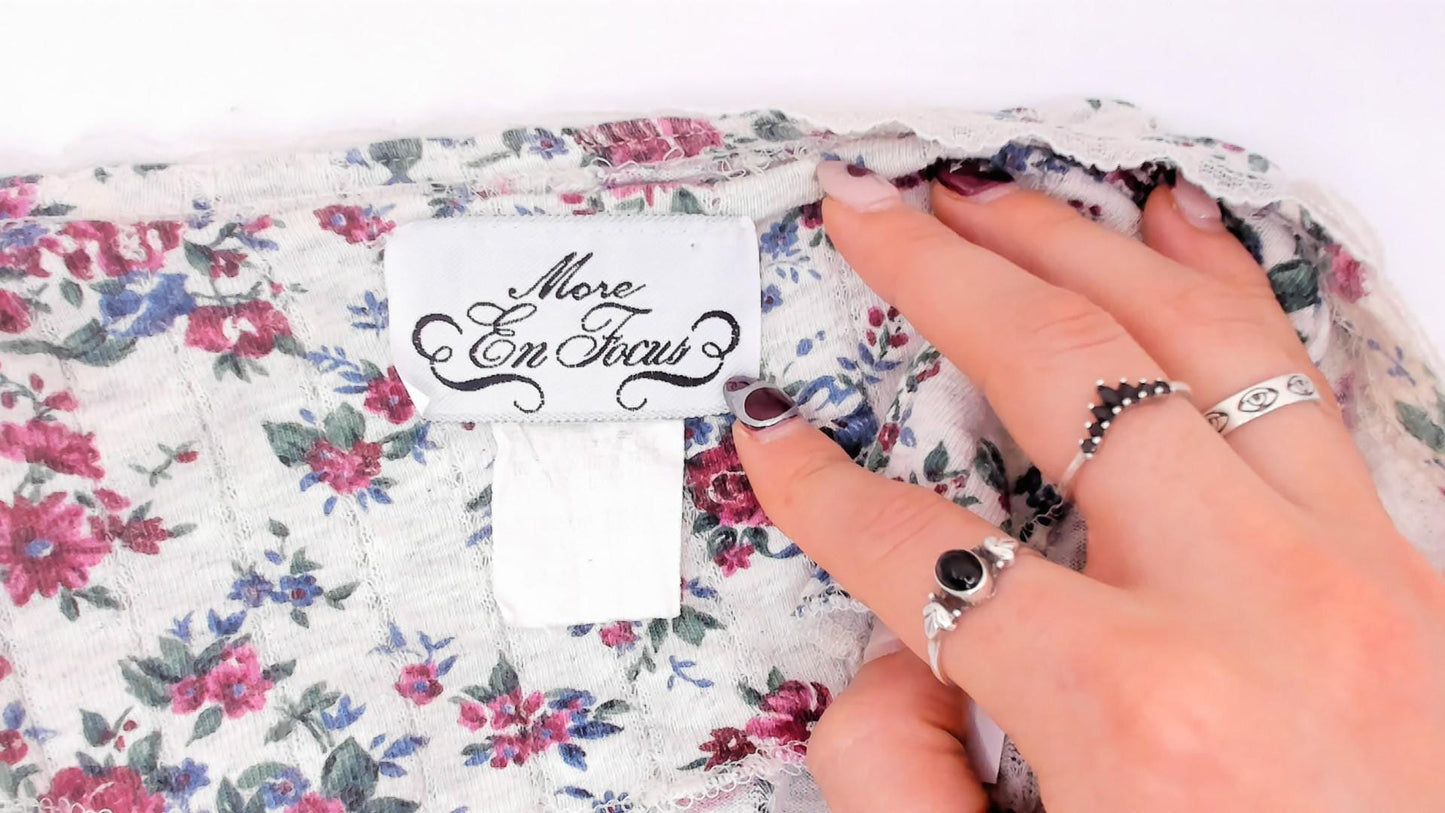 90s More En Focus Floral Midi Dress Bell Sleeve White Burgundy Large L