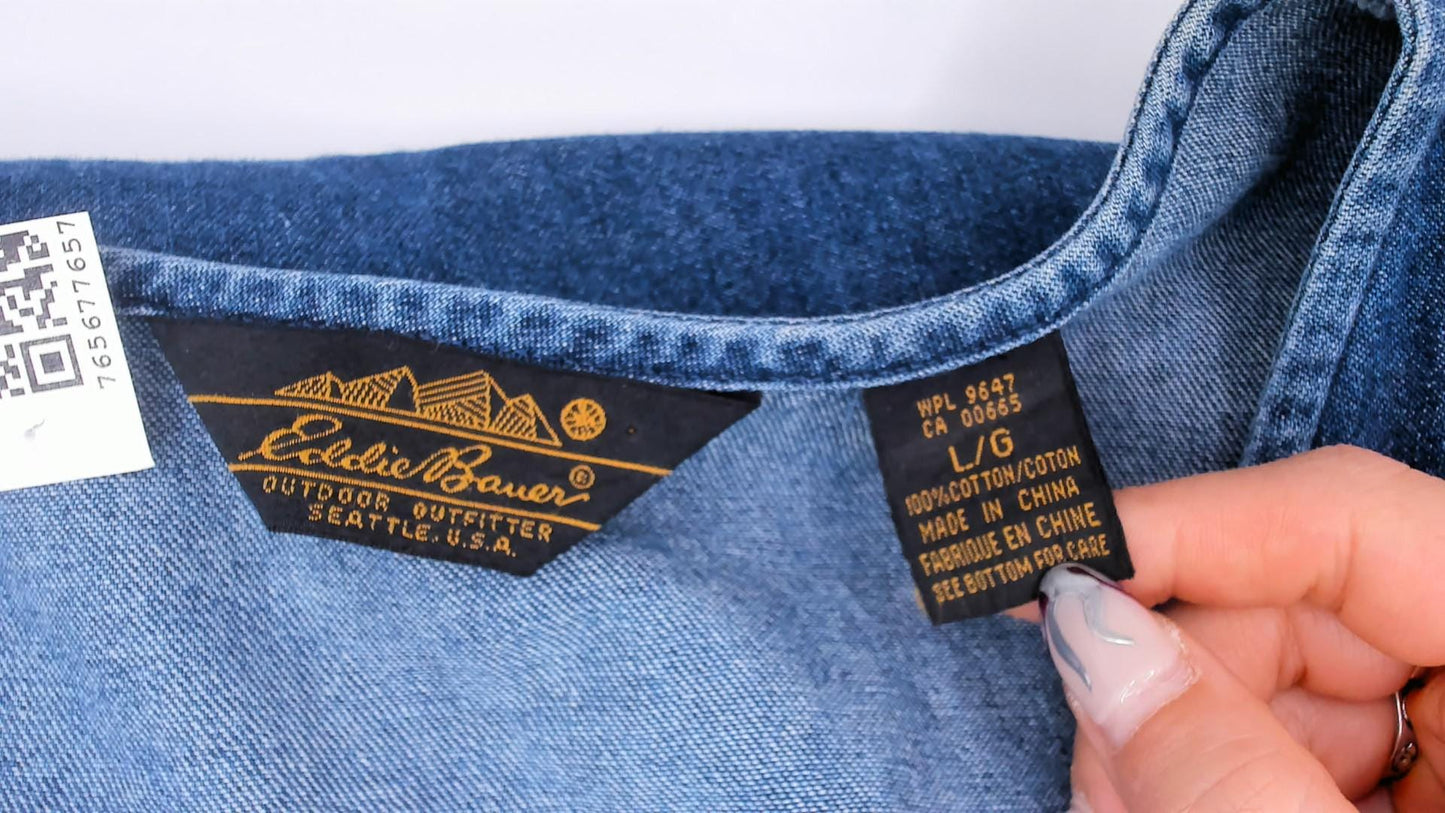 90s Eddie Bauer Denim Maxi Dress Sleeveless Button Front Blue Cotton Large L