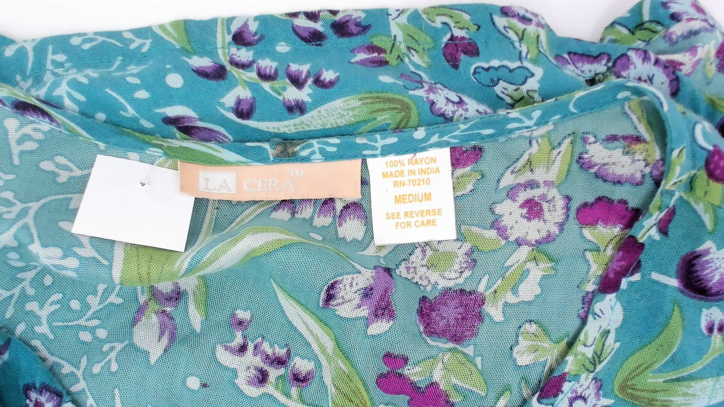 90s La Cera Floral Button Front Midi Dress Teal Purple Pockets Medium M