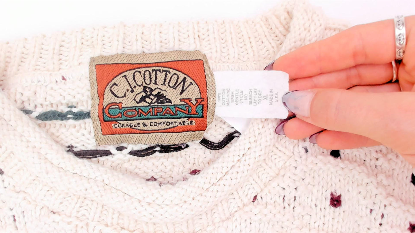 90s CJ Cotton Company Polka Dot Crewneck Sweater Cream Extra Large XL