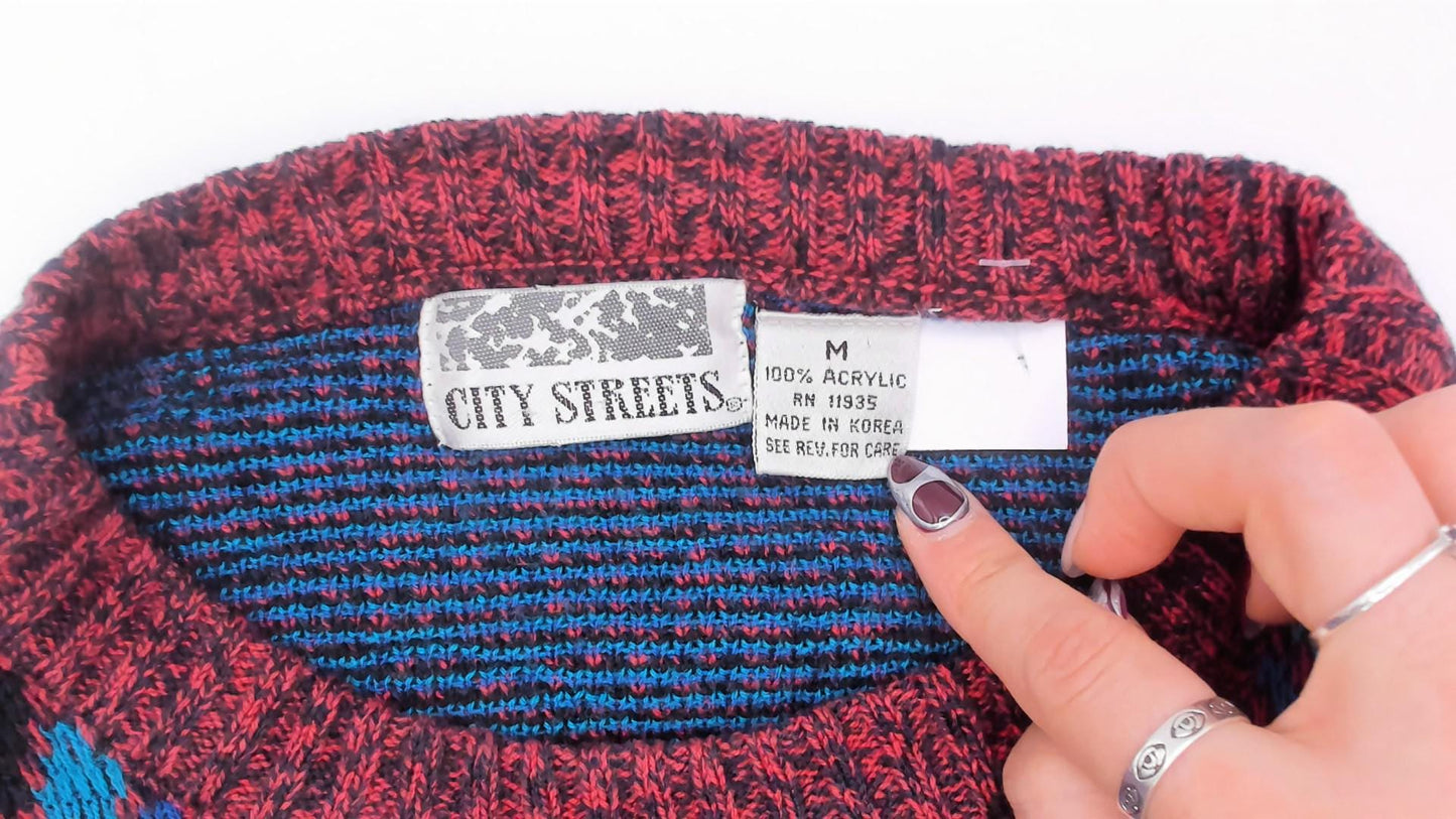 80s City Streets Abstract Knit Sweater Burgundy Teal Intarsia Medium