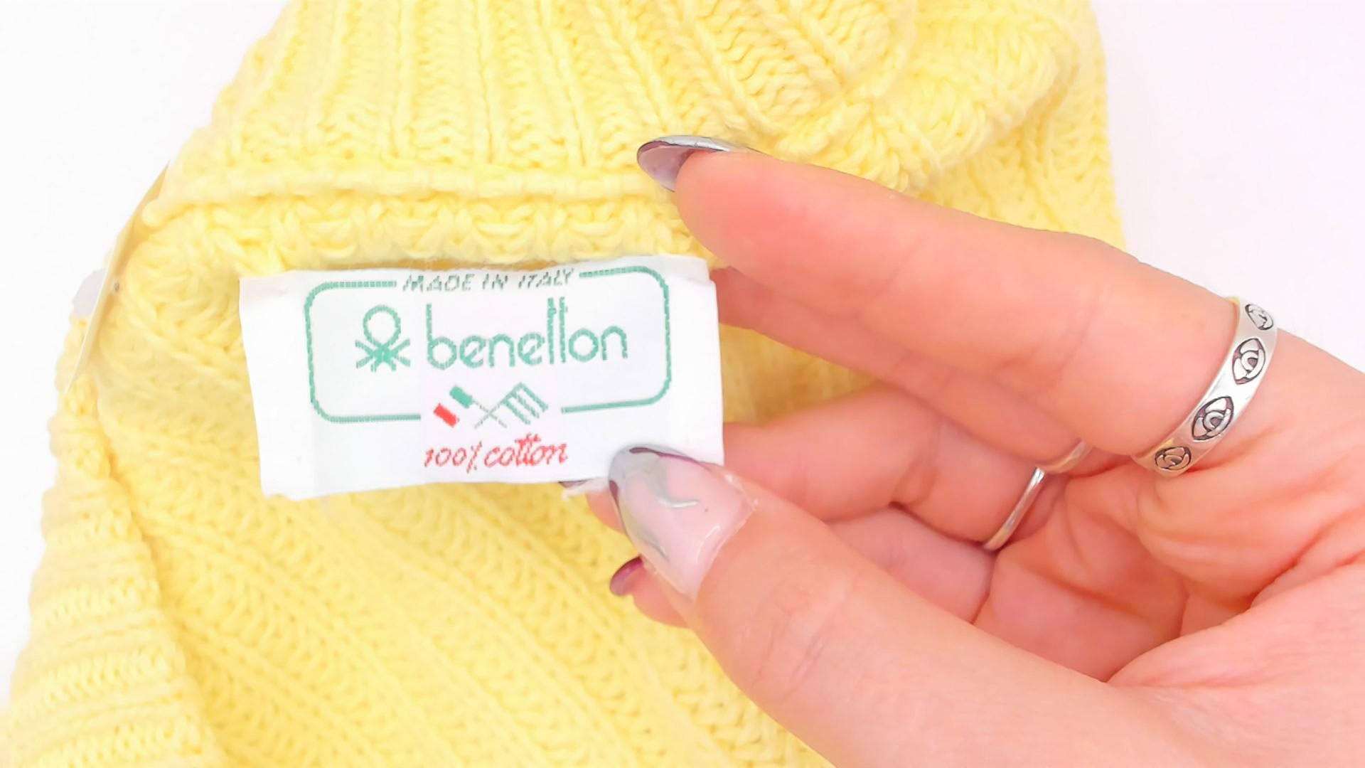 80s Benetton Pale Yellow Cotton Cardigan V-Neck Chunky Ribbed Large L