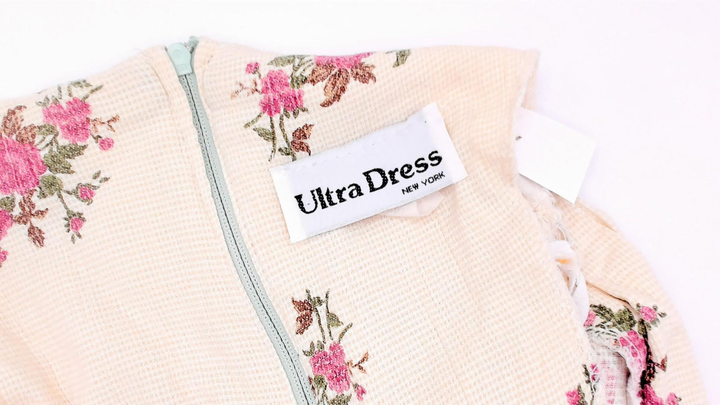 90s Ultra Dress Cream Floral Midi Button Front V Neck Lace Up Back Medium