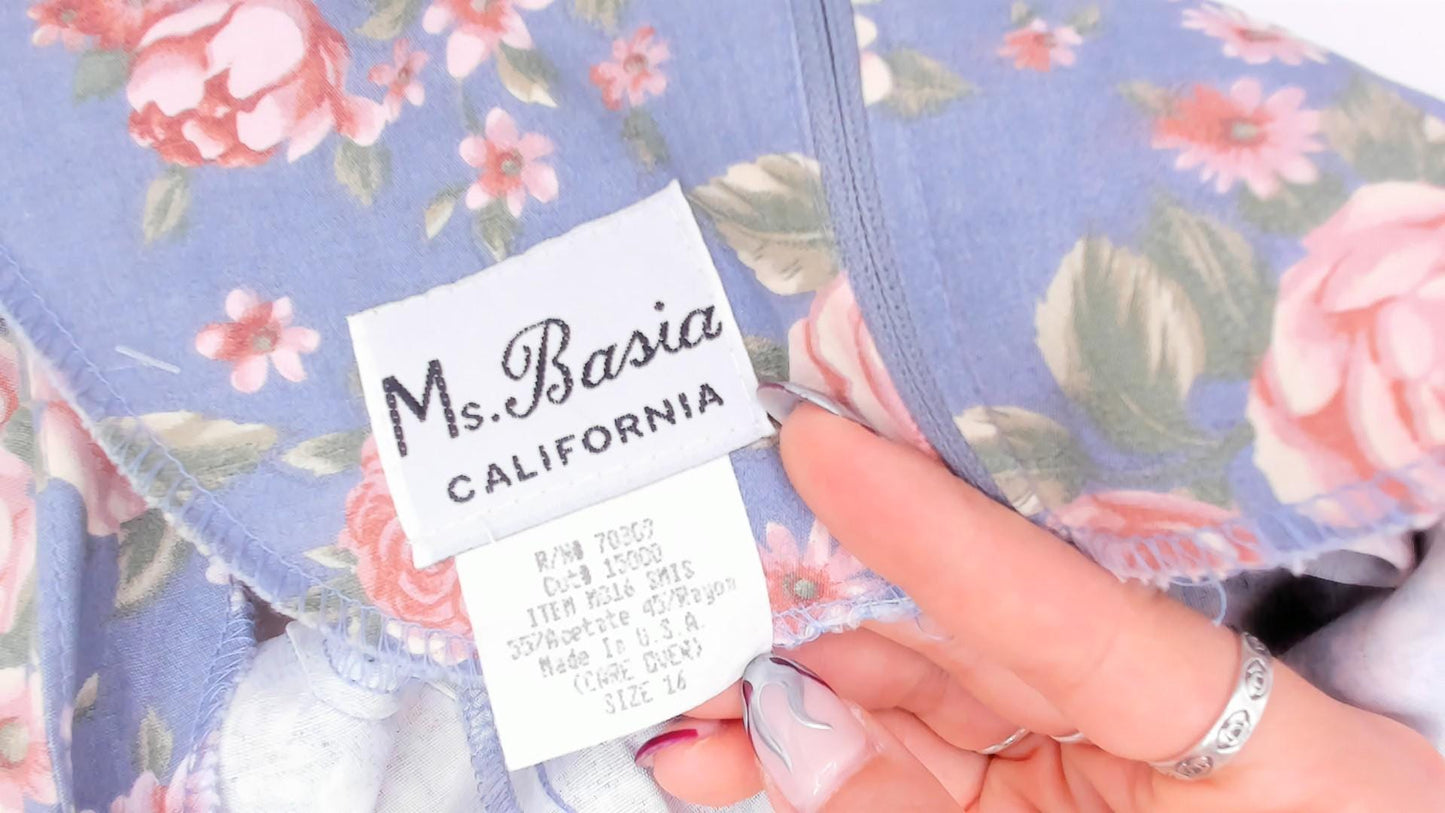 90s Ms. Basia California Floral Dress Dusty Blue Rose Print Flutter Sleeve Large L