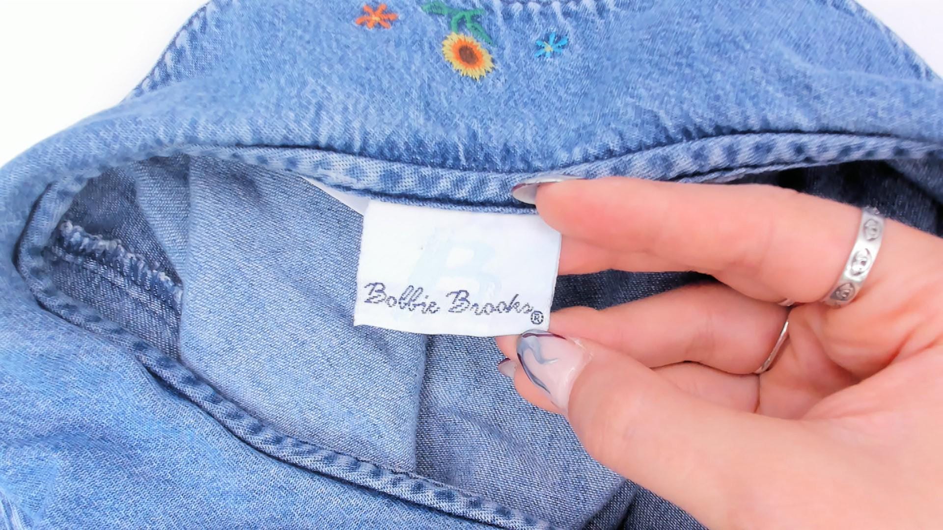 90s Bobbie Brooks Denim Babydoll Dress Sunflower Embroidered Peter Pan Collar Large L