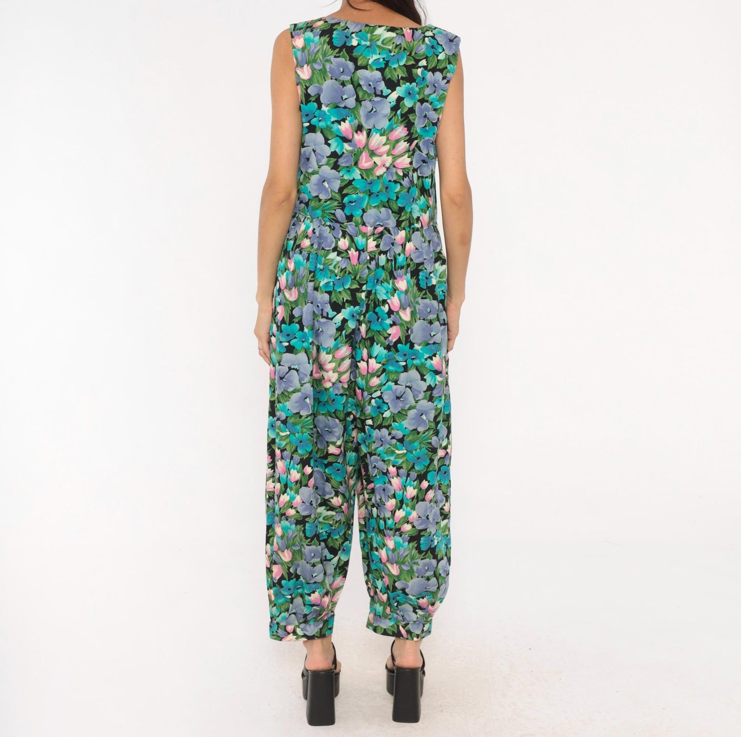 90s Maggie Breen Floral Jumpsuit Sleeveless Cotton Wide Leg Black Garden Print Medium