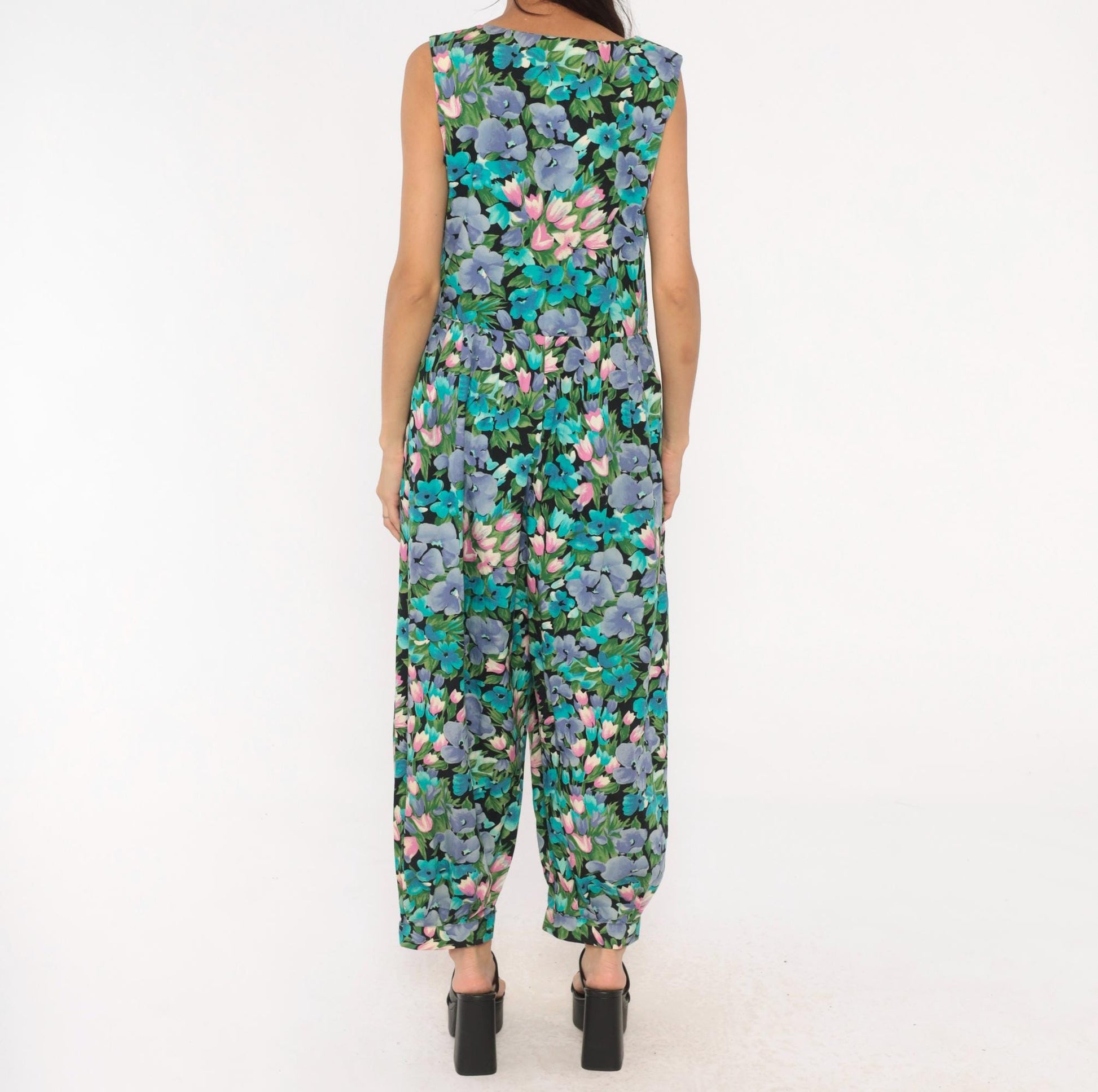 90s Maggie Breen Floral Jumpsuit Sleeveless Cotton Wide Leg Black Garden Print Medium
