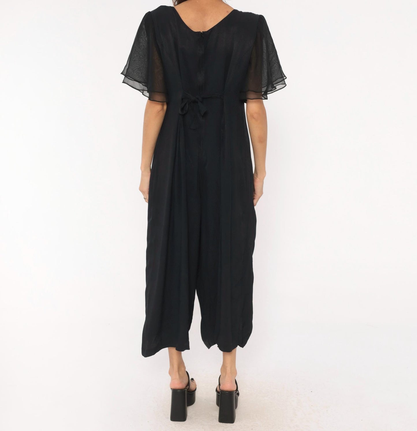 90s Jaffery & Dane Black Jumpsuit Flutter Sleeve Wide Leg Pleated Waist Large L