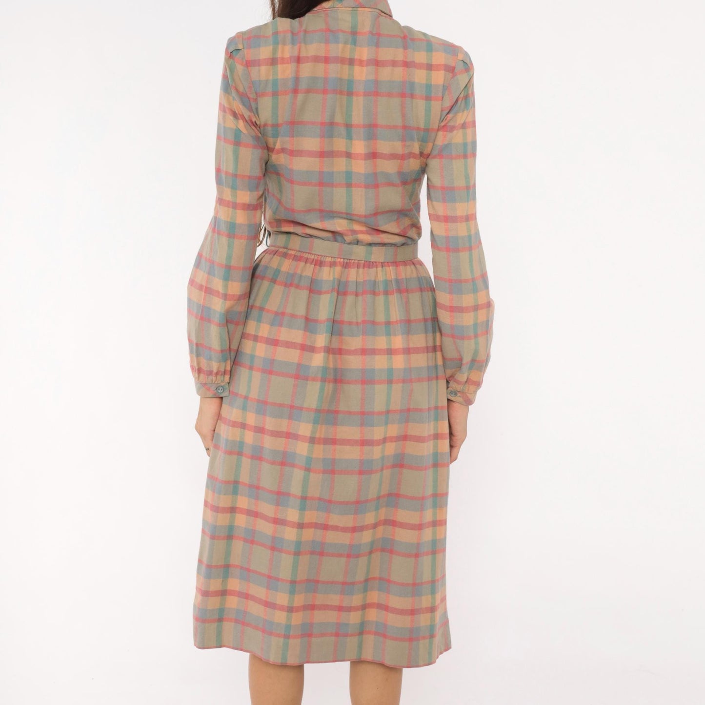 80s St. Maxime Plaid Shirtdress Peter Pan Collar Pastel Pink Blue Tan Medium