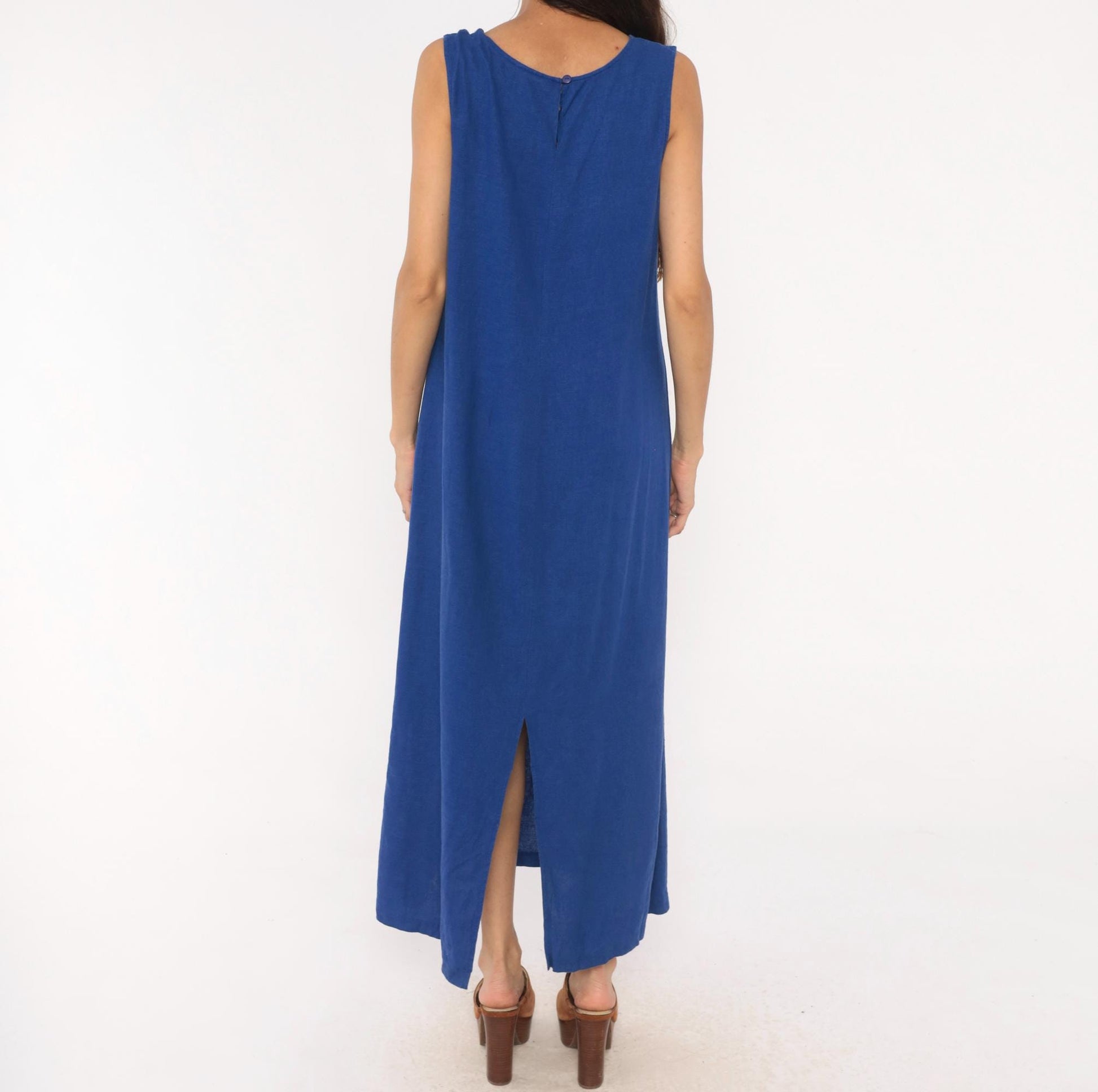 90s Ultra Dress Cobalt Linen Maxi Dress Angelfish Embroidered Medium Large