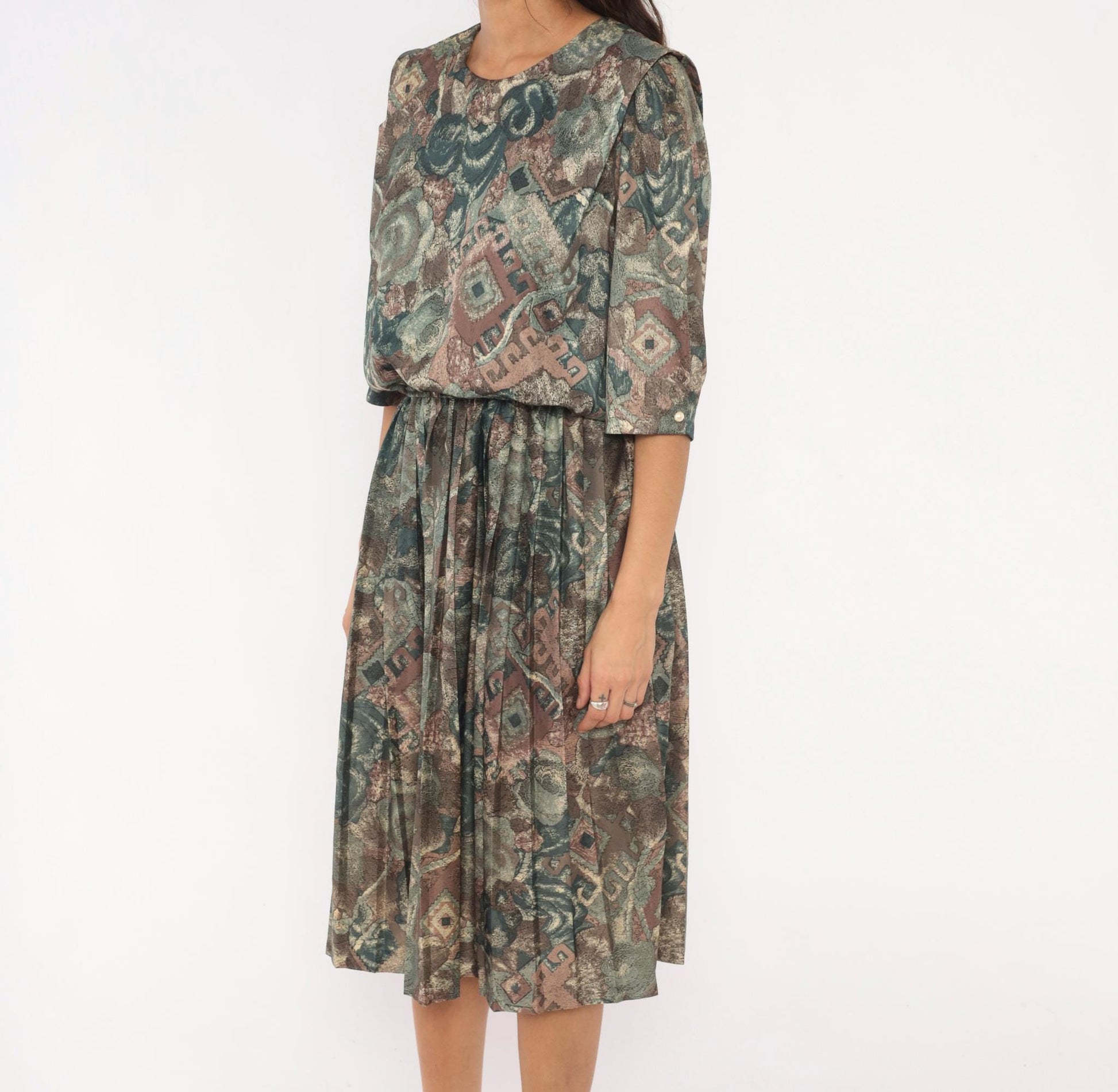 80s M.C.S.Ltd. Abstract Floral Patchwork Dress Puff Sleeve Pleated Knee Teal Medium Large