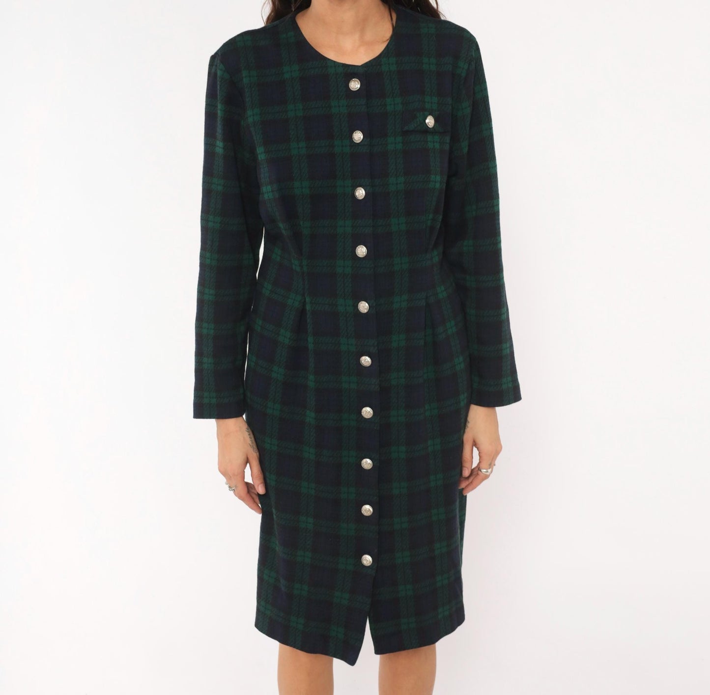 90s Miss Dorby Tartan Plaid Button-Front Shirtdress Navy Teal Cotton Large L