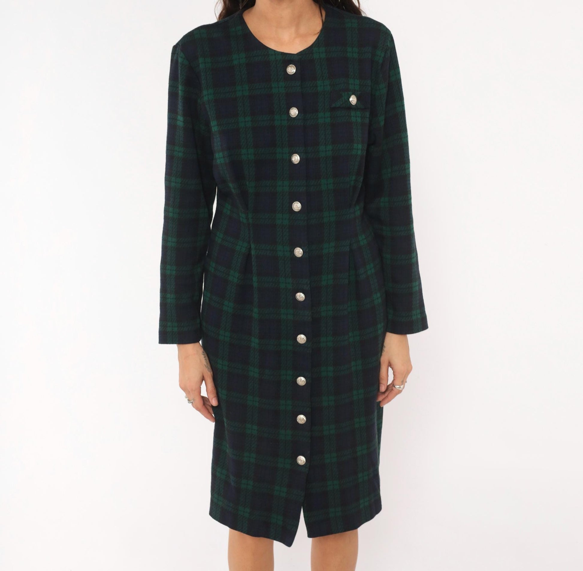 90s Miss Dorby Tartan Plaid Button-Front Shirtdress Navy Teal Cotton Large L