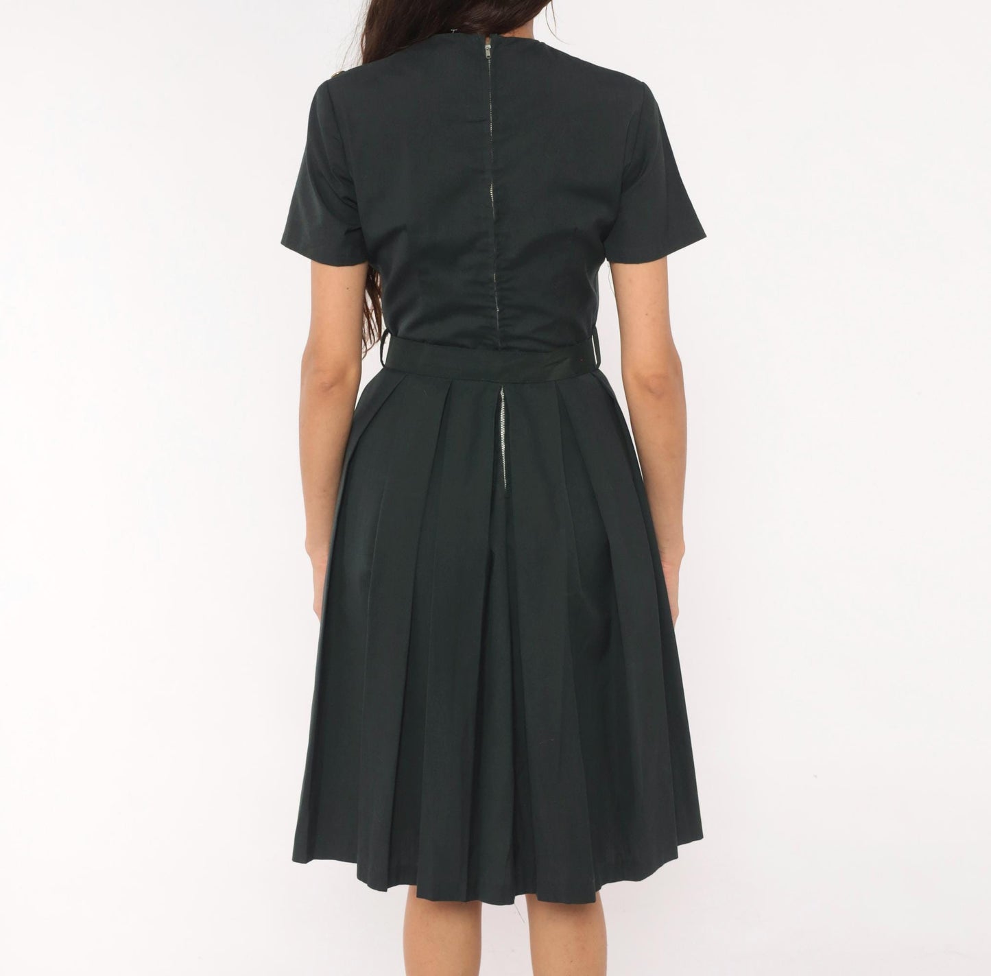 60s Charcoal Pleated A-Line Dress Gold Grommet Detail Cotton Small