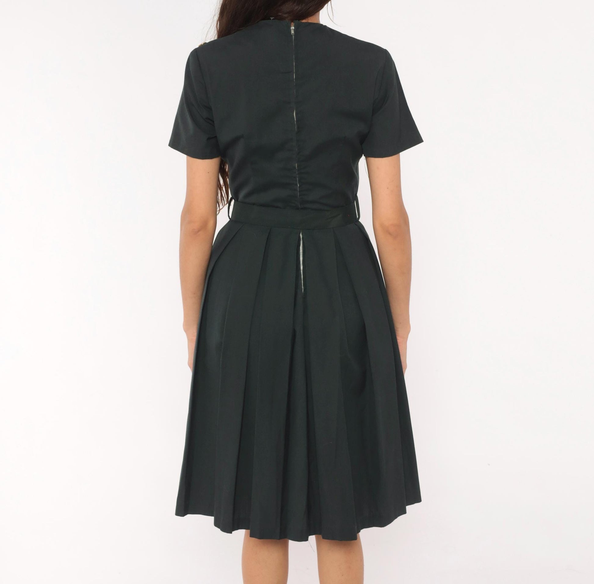 60s Charcoal Pleated A-Line Dress Gold Grommet Detail Cotton Small