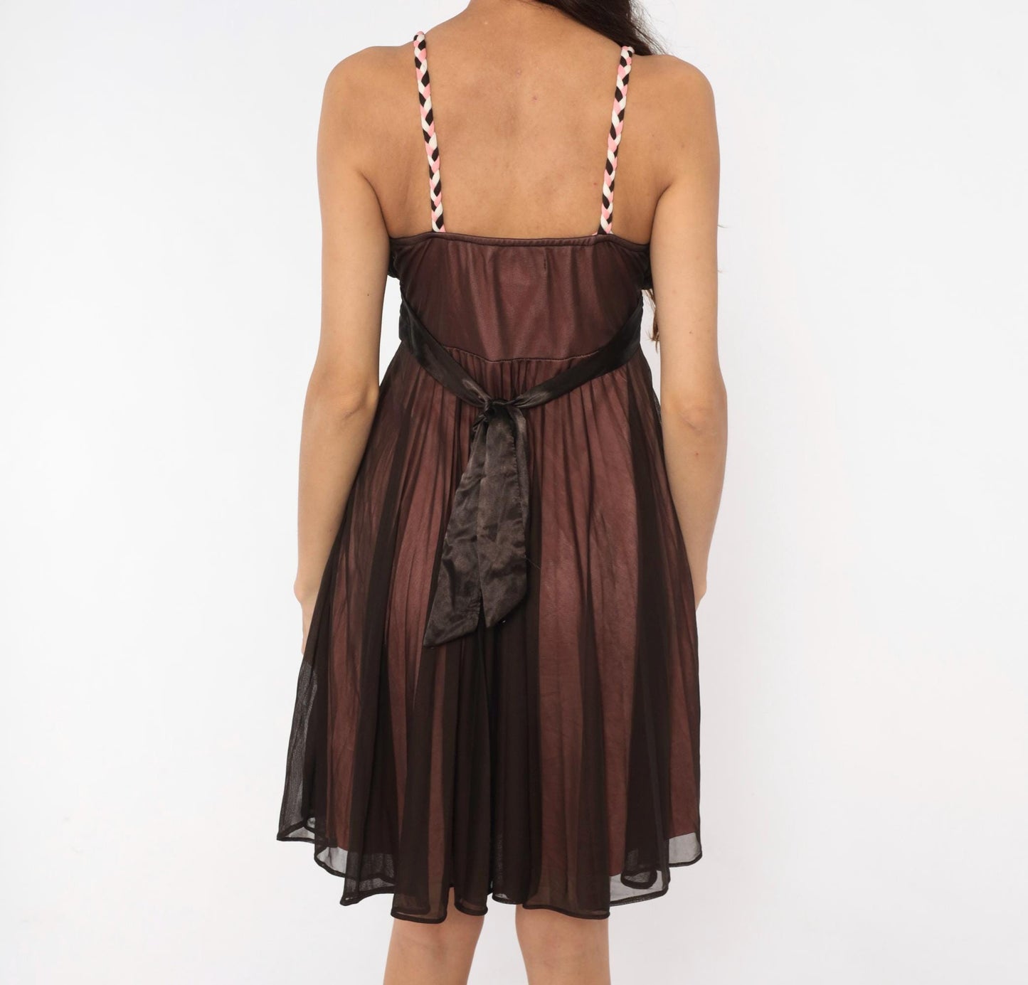 Y2K Alyn Paige Pink Babydoll Dress Braided Strap Satin Bow Medium M