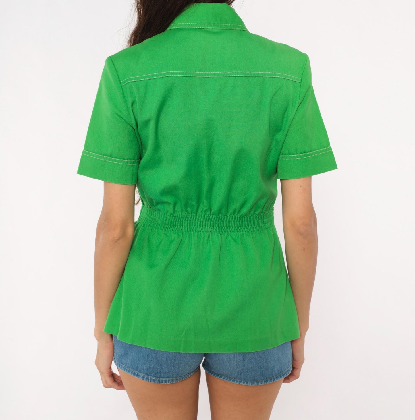 70s Bronson of California Safari Blouse Green Cotton Pointed Collar Small