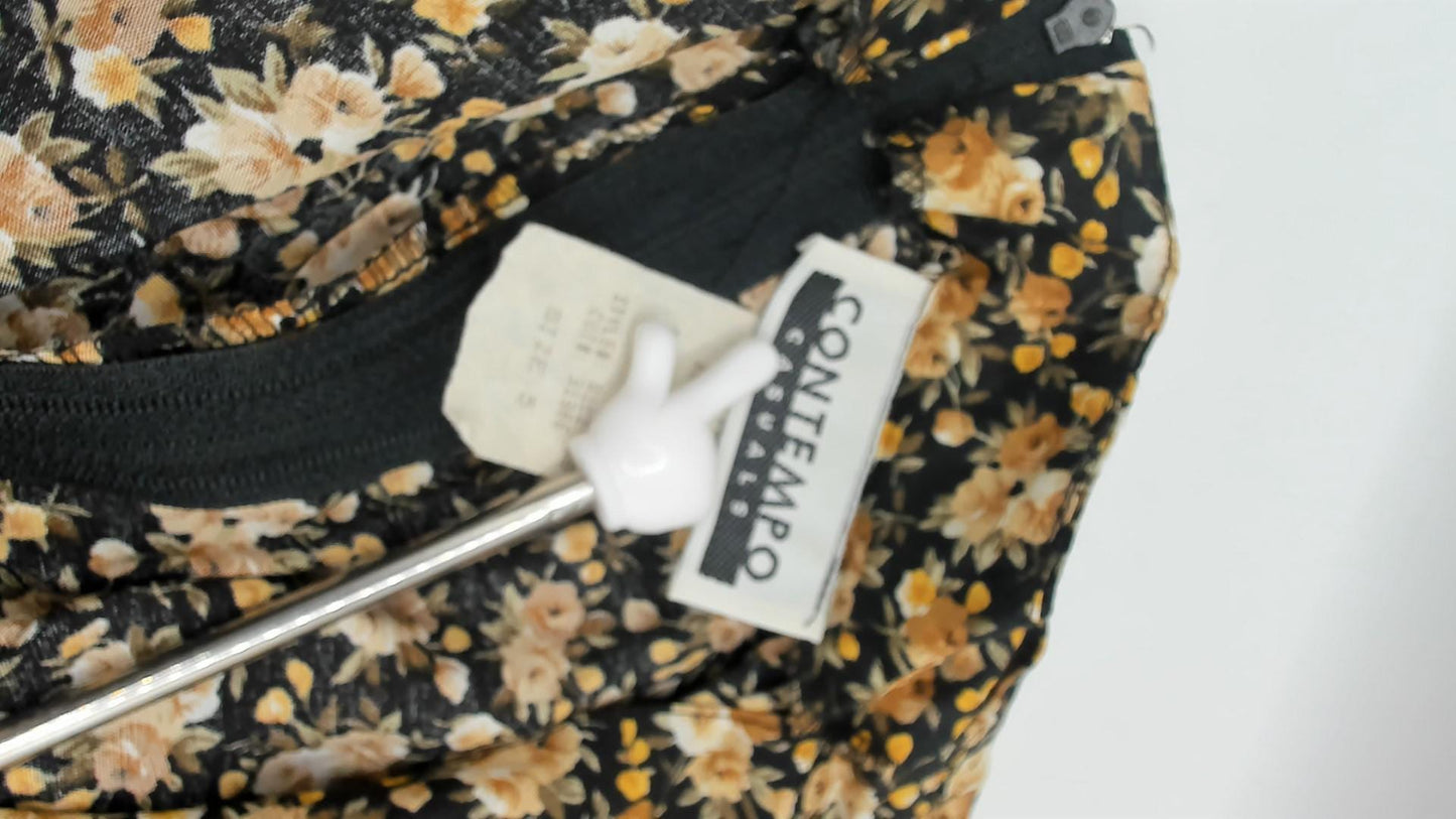 90s Contempo Casuals Floral Mini Dress Black Peach Rose V-Neck Flutter Sleeve Small S