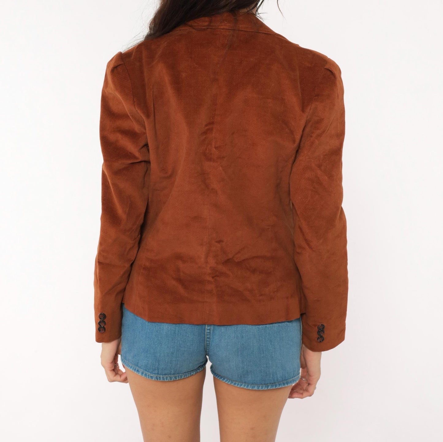 70s Brown Velvet Blazer Single Button Puff Shoulder Fitted Jacket Small