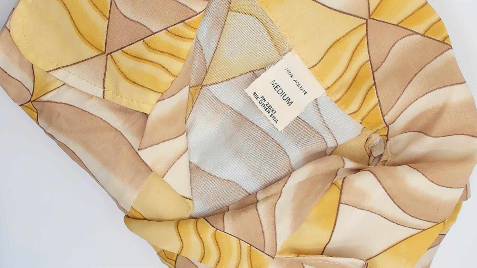 70s Diamond Harlequin Polo Blouse Yellow Beige Long Sleeve Small