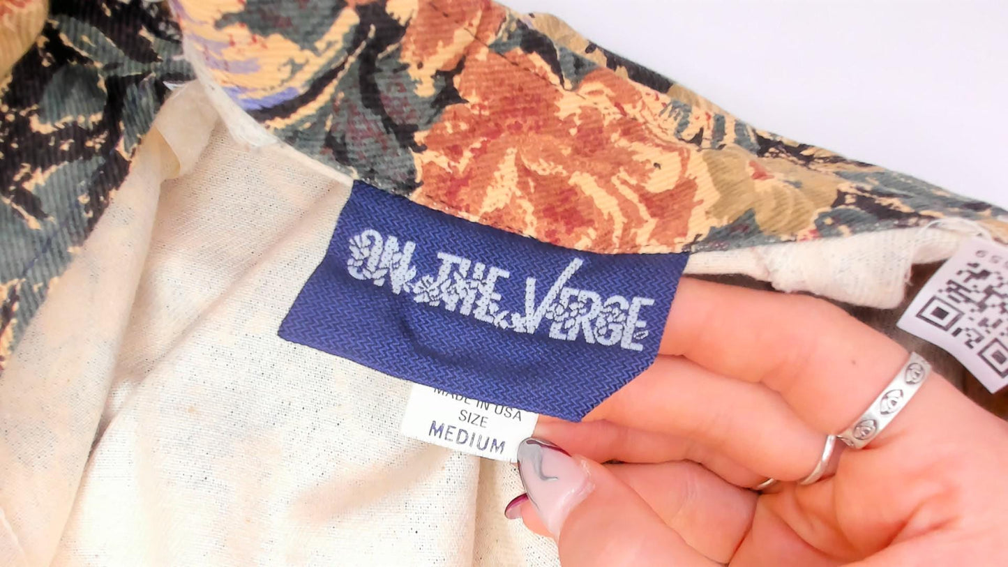 90s On The Verge Floral Tapestry Bomber Jacket Cotton Botanical Tan Burgundy Medium