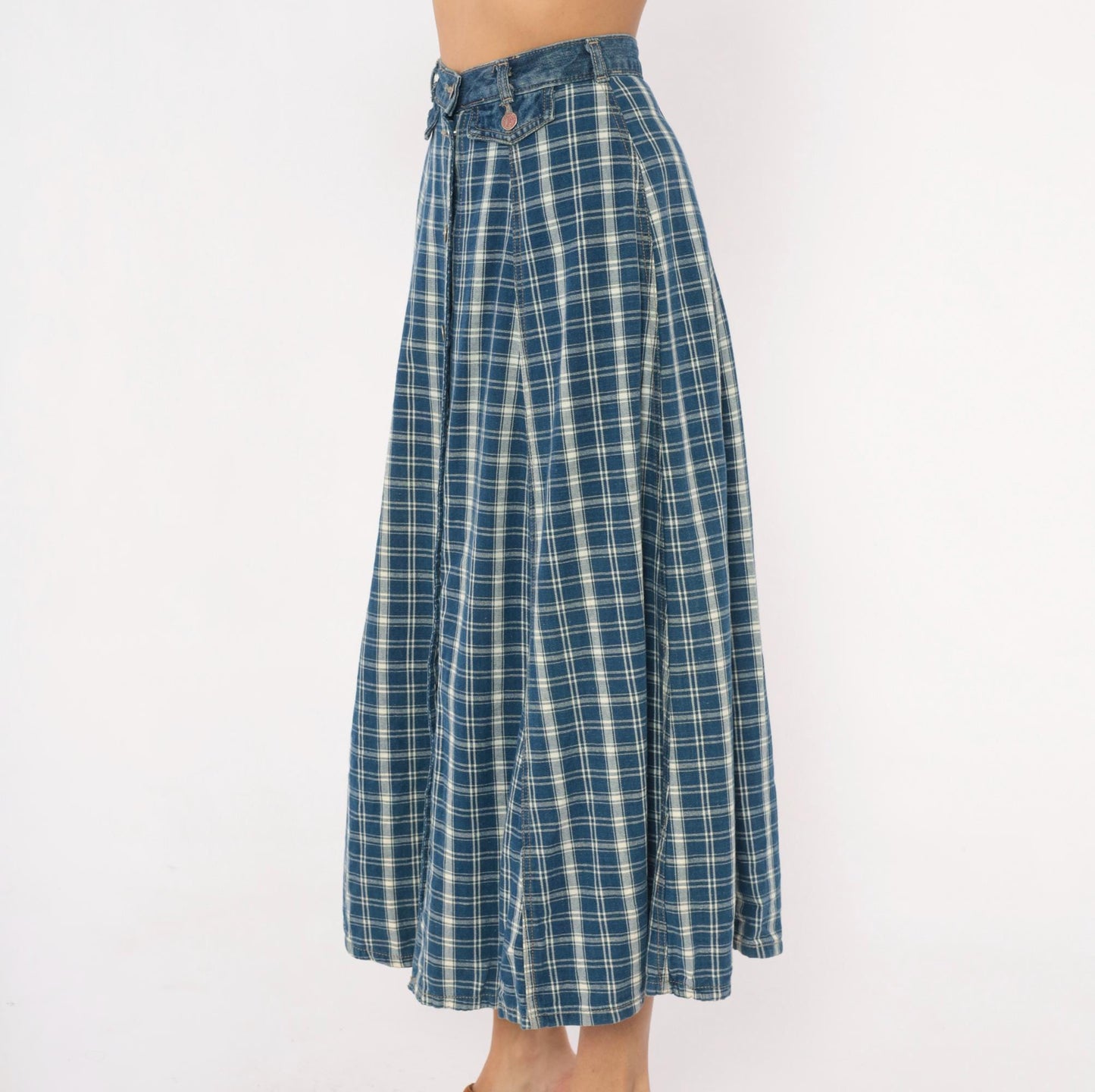 90s Outlaw Blue Plaid Cotton Midi Skirt Button Front XS
