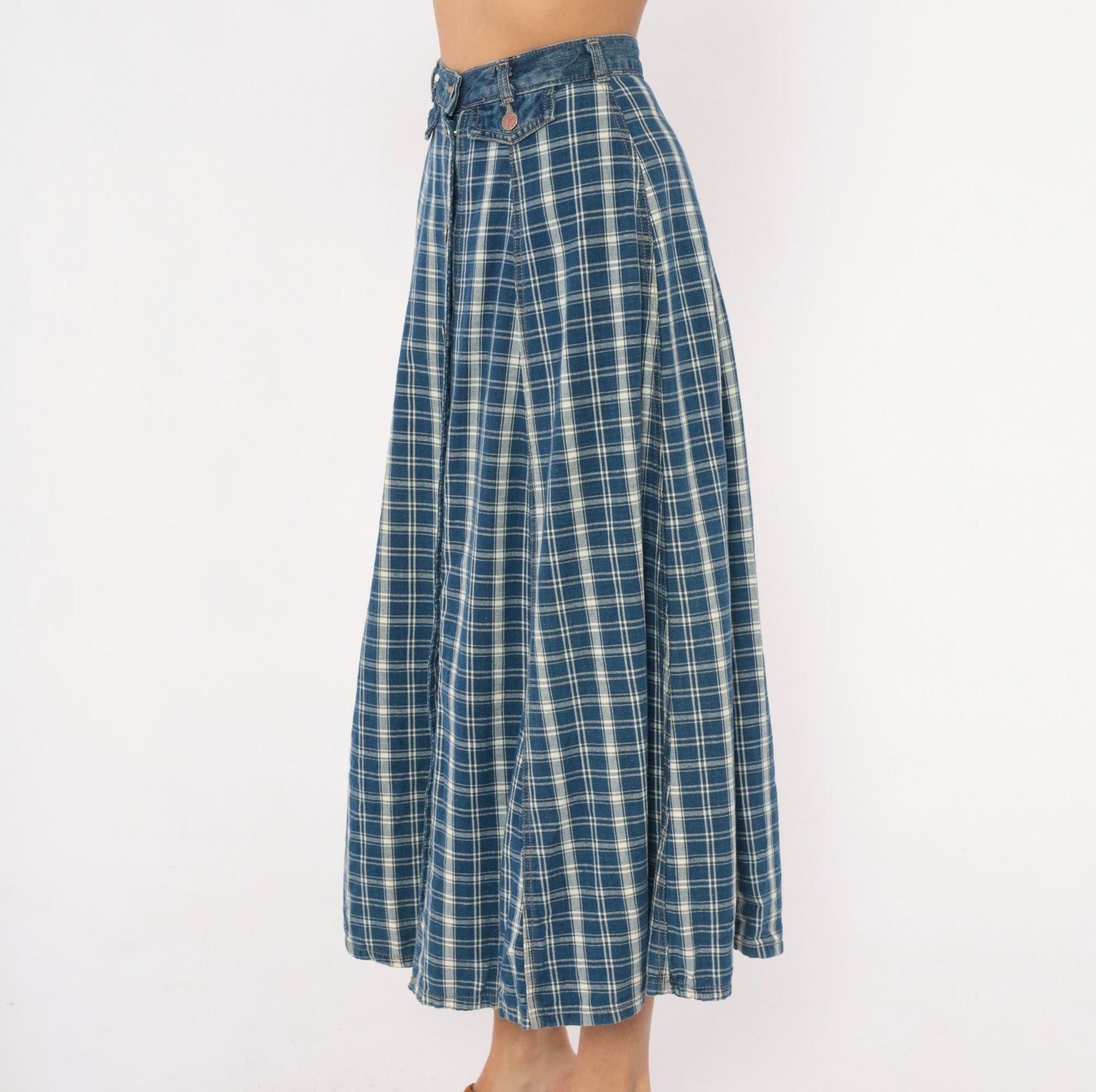 90s Outlaw Blue Plaid Cotton Midi Skirt Button Front XS