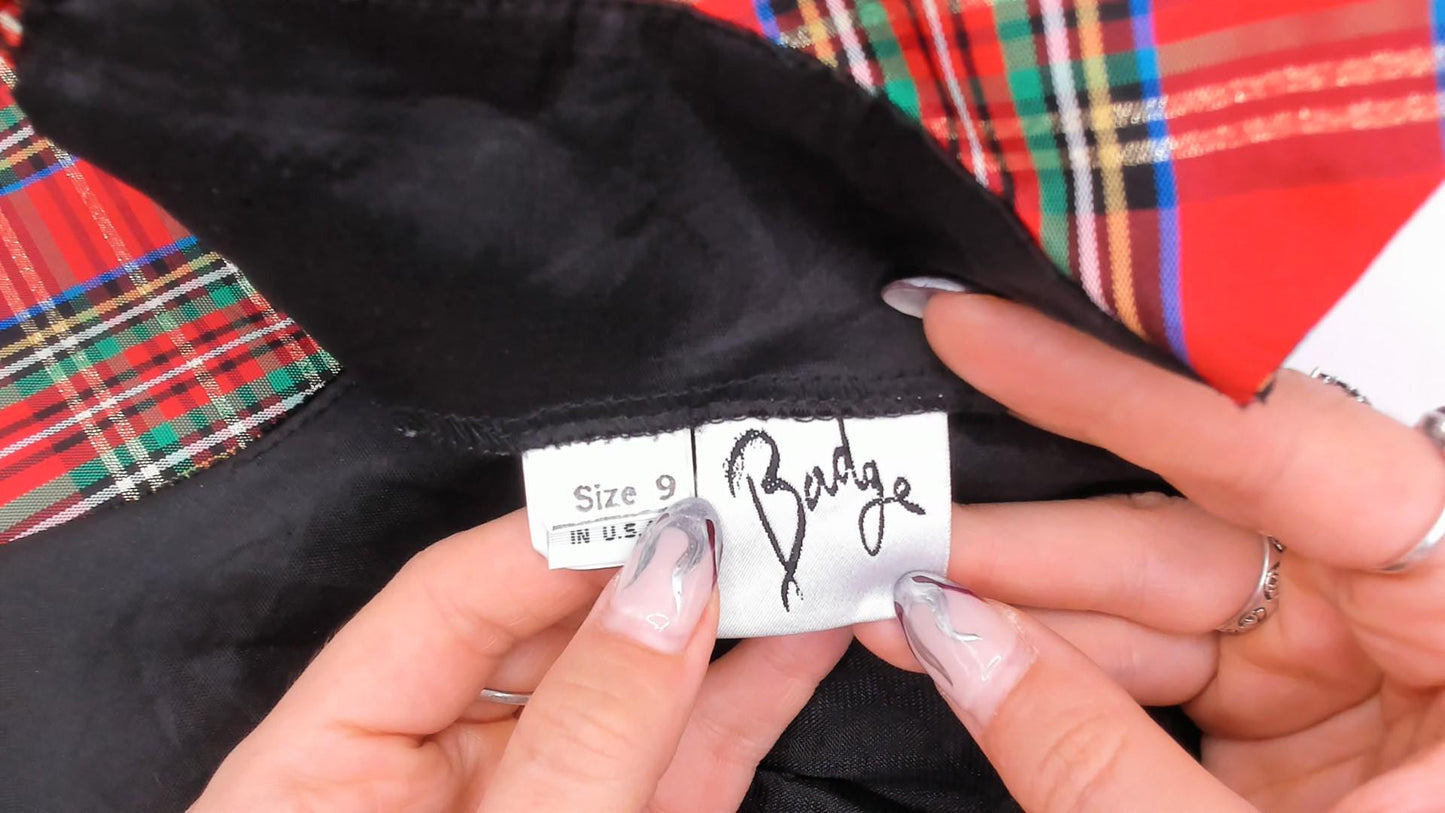 90s Badge Black Crushed Velvet Mini Dress Red Tartan Ruffle Off-Shoulder Extra Small XS