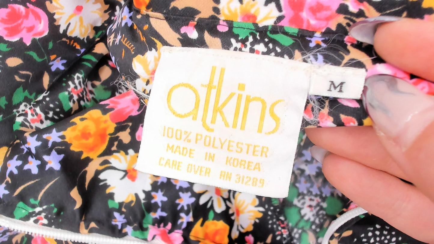 70s Atkins Black Floral Maxi Dress Bell Sleeve Bow Neck Garden Print Medium M